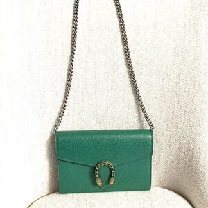 Authentic Gucci Dionysus mini bag emerald green leather silver chain strap